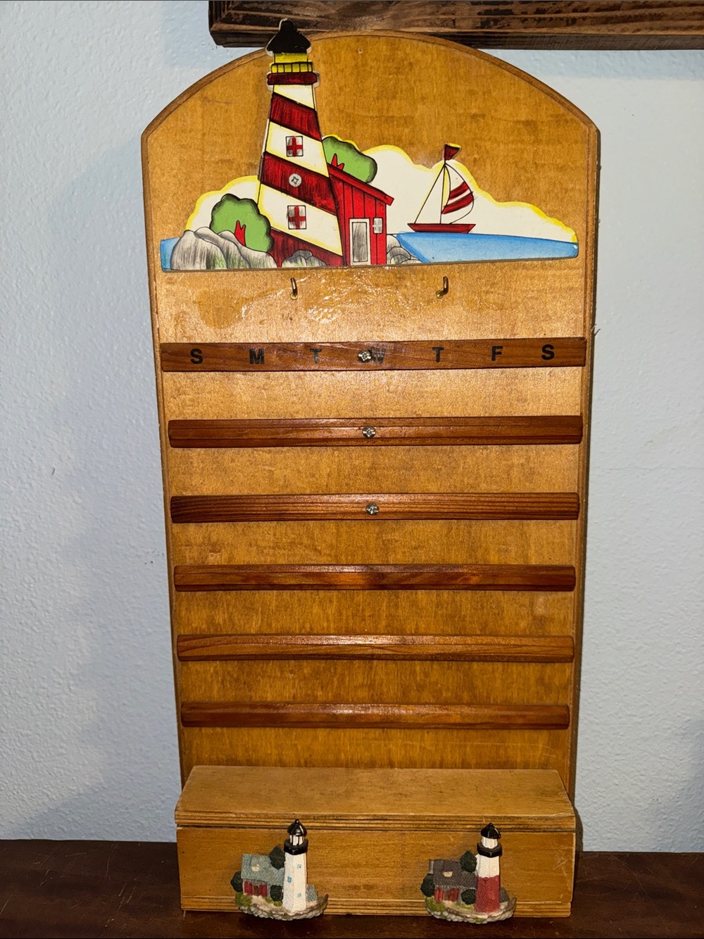 Vintage Wooden Nautical-Themed Perpetual Wall Calendar Storage Drawer